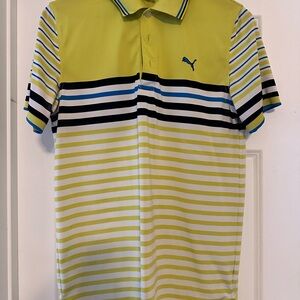 Puma Men's Vibrant Yellow and Blue Striped Polo